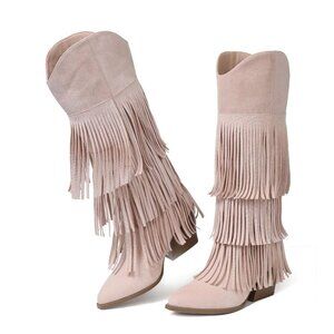 Women's Knee High Cowgirl Boots Suede Faux Leather Chunky Heel Pull On